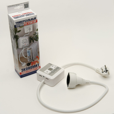 Эрголайт ТР-09Р терморегулятор для обогревателей на проводе с вилкой и розеткой, белый в 